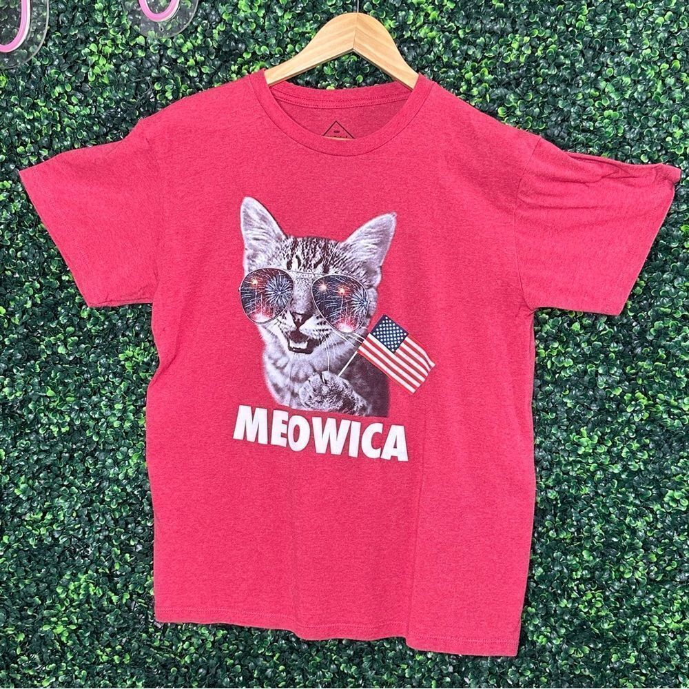 Meowica Gray Tabby Cat Kitten America Red Graphic T-shirt   S Small Independence